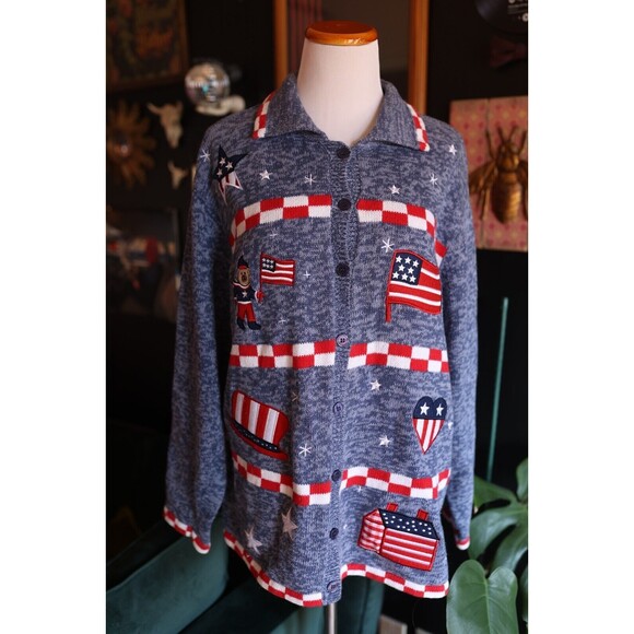 Vintage Americana Flag Red White & Blue Patriotic Inauguration Cardigan Sweater - Picture 1 of 12